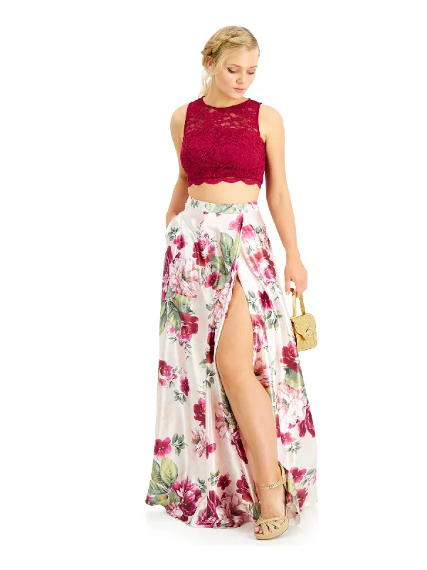 Amazing Deals CRYSTAL DOLLS Womens Pink Lace Slitted Cropped Sleeveless Jewel Neck Full-Length Prom Fit + Flare Dress