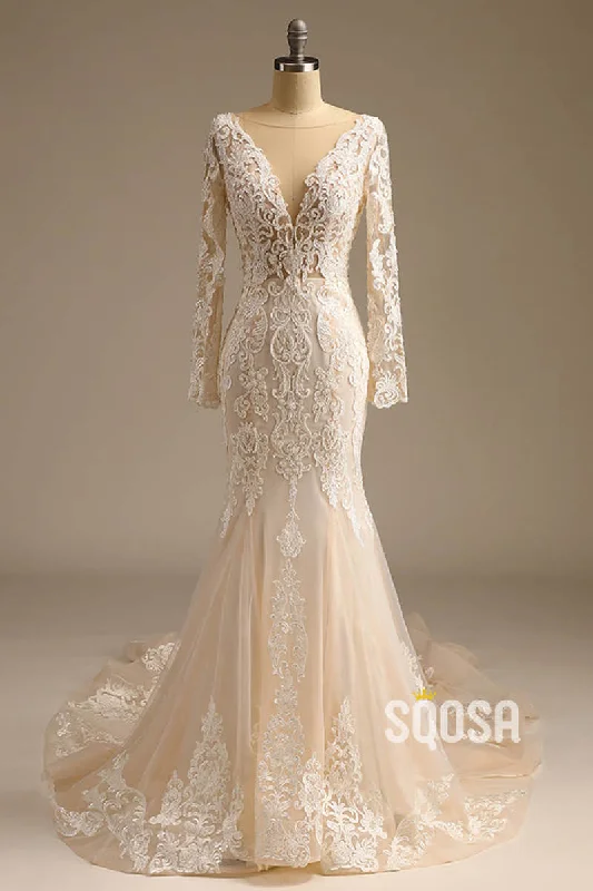 Seasonal Clearance chic shift dressPlunging Illusion V-neck Exquisite Champagne Lace Wedding Dress Mermaid Gown QW2501