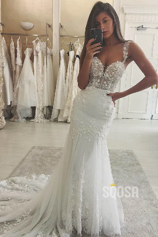Crazy Savings casual evening dressMermaid Wedding Dress Double Straps Unique Lace Appliques Bridal Gowns QW2098