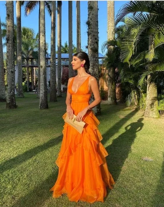 Crazy Deals chic dressOrange Long Prom Dresses,V Neck Formal Dress Outfits Y2842