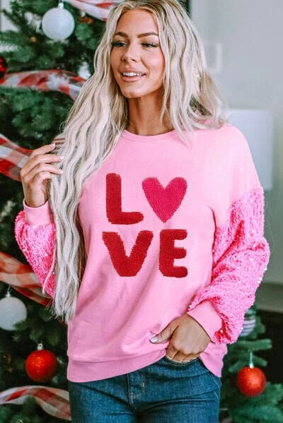 Mega Deal loose fit sports sweatshirtLOVE Sequin Dropped Shoulder Sweatshirt