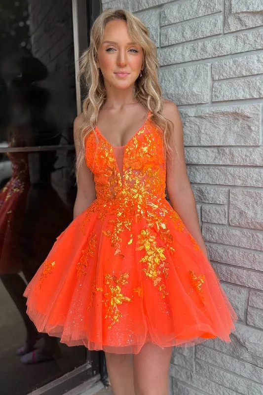 Major Savings A-line dressA Line V neck Sequins Appliques Orange Homecoming Dress Short Graduation Dress QH2455