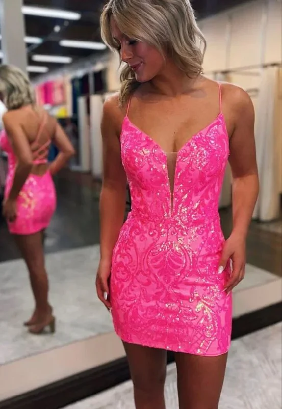 Super Bargain floral midi dressShort pink sequins prom dress Short Homecoming Dresses Y2901