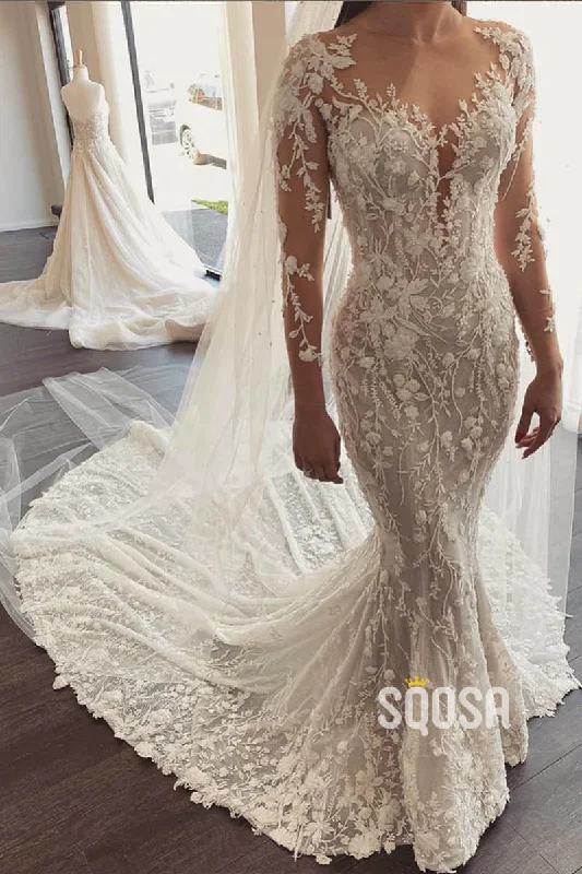 Price Smash layered dressMermaid Wedding Dress Illusion Long Sleeve Lace Wedding Dress with Watteau Train QW0885
