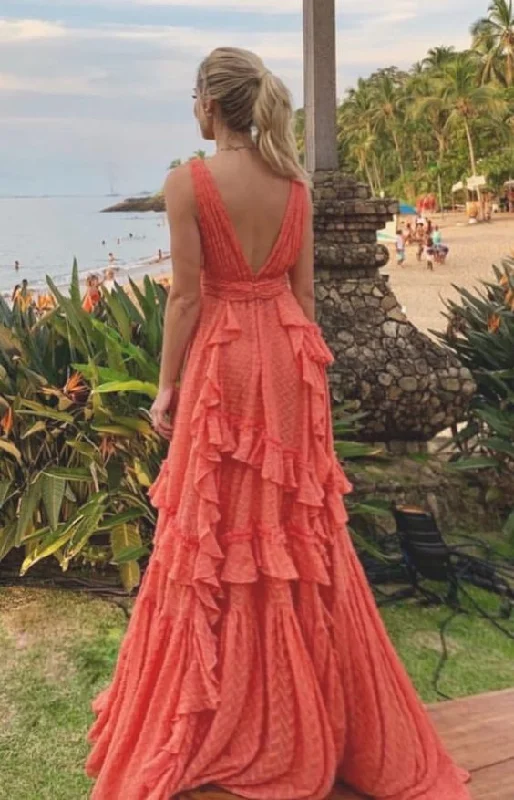 Blowout Sale classic fit-and-flare dressA-line V Neck Wedding Beach Dress,Long Prom Dress Y4054