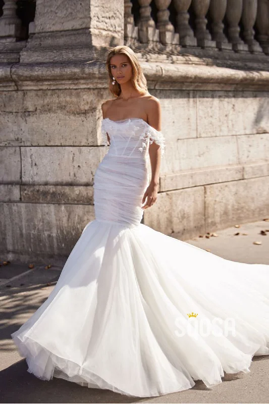 Flash Sale lace dressStrapless Tulle Pleats Mermaid Wedding Dress with Court Train QW2235