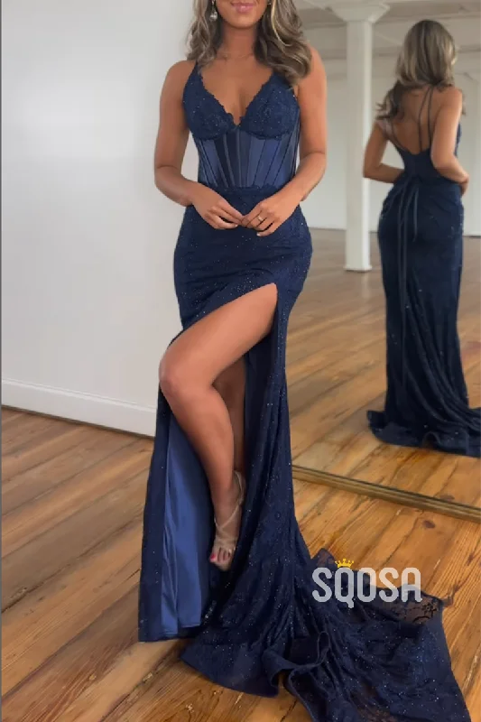 Daily Deals elegant shift dressSheath V-Neck Spaghetti Straps Lace Appliques With Side Slit Train Long Formal Evening Dress QP2157