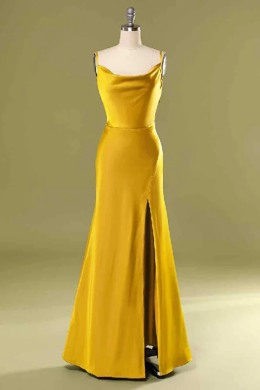 Loyalty Reward spaghetti strap dressMarigold Mermaid Satin Cowl Neck Long Bridesmaid Dress with Slit