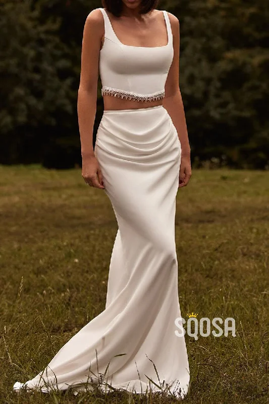 The Best Prices sleek midi dressSquare Spaghetti Straps Two-Piece Pleats With Train Cocktail Wedding Dress QW8180