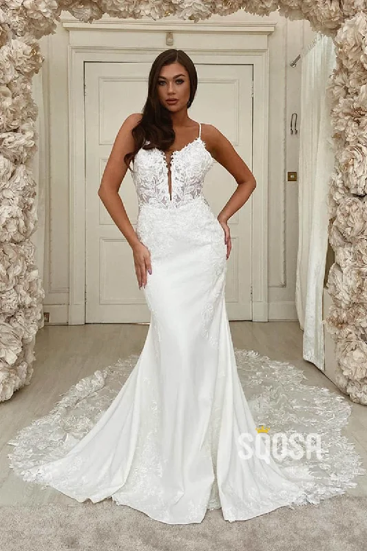 Today's Special casual midi dressMermaid/Trumpet Wedding Dress Spaghetti Straps Lace Appliques Rustic Wedding Gown QW2247