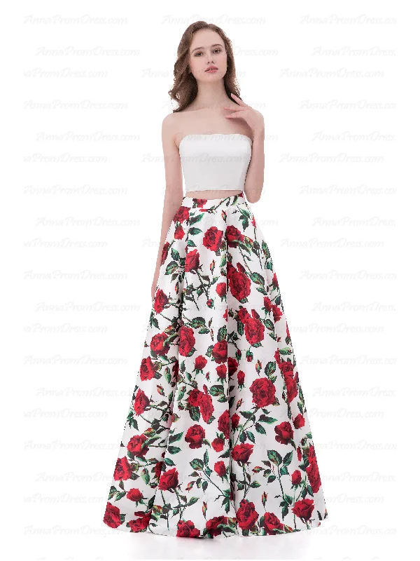 Stock Clearance Two Piece Prom Dresses A-line Strapless Floor-length Floral Print Long Prom Dress AX004 Stock Clearance Two Piece Prom Dresses A-line Strapless Floor-length Floral Print Long Prom Dress AX004