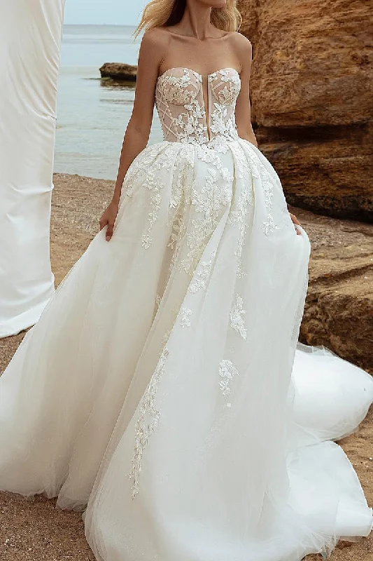 Year-End Sale summer dressA Line Illusion V neck Lace Appliques Long Sleeves Rustic Wedding Dress QW2231