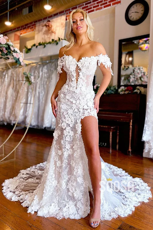Grand Opening Sale boho dressIllusion V-Neck 3D Lace Bohemian Wedding Dress with Slit QW2389
