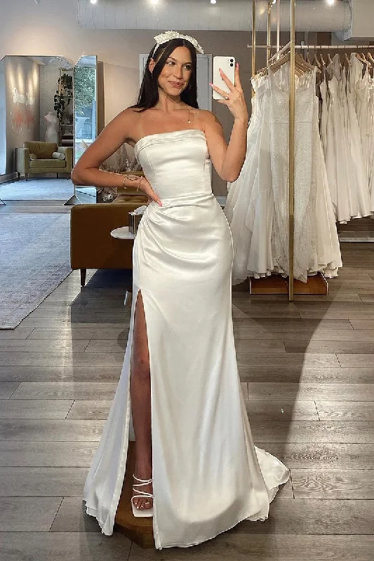 Markdown Madness elegant maxi dressSheath/Column Strapless Ivory Satin Simple Wedding Dress with Slit QW2176 Markdown Madness elegant maxi dressSheath/Column Strapless Ivory Satin Simple Wedding Dress with Slit QW2176