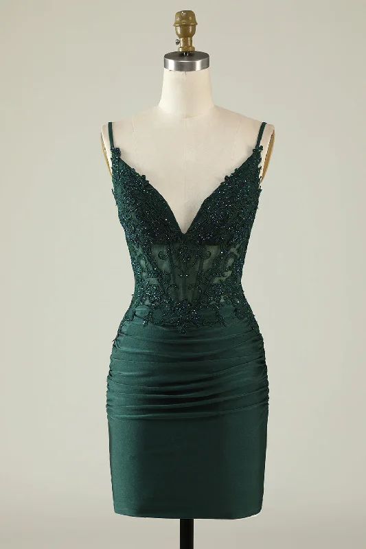 Steals and Deals lace-up dressTight V-Neck Dark Green Pleated Homecoming Dress with Appliques  Y2660