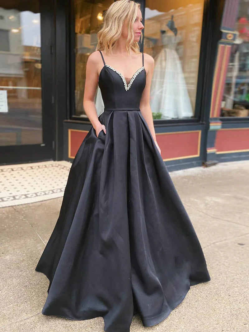 Closeout fitted dressCasual Satin A-Line V-Neck Spaghetti Straps Lace Up Prom Dress