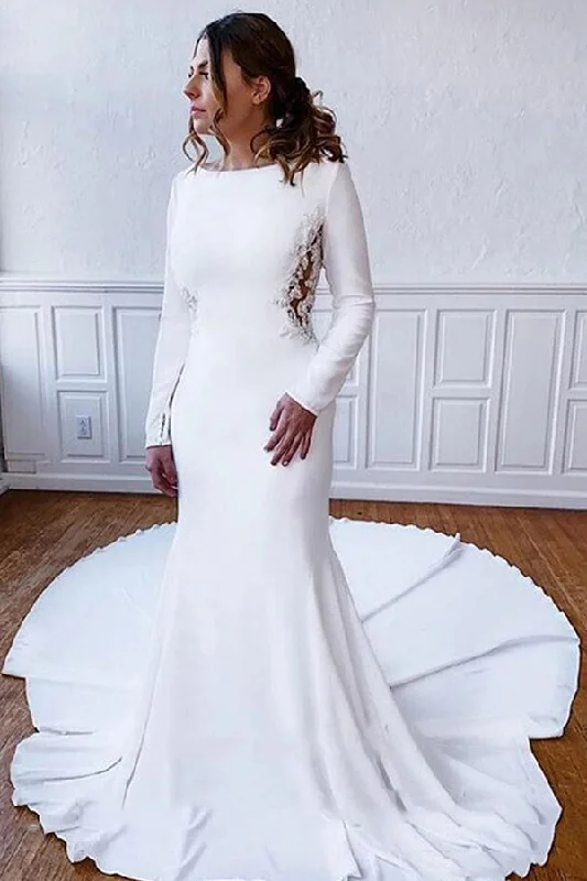 Grand Opening Sale Classic Long Sleevess Bateau White Wedding Reception Dress Floor Length Wedding Dress