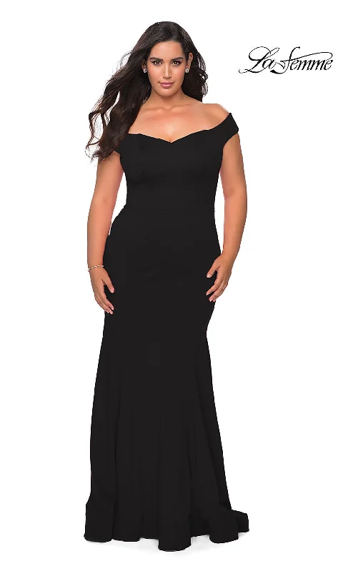 Early Access pleated dressPlus-Size La Femme Off-the-Shoulder Formal Dress