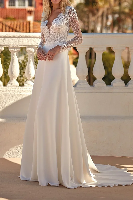 Clearance Items floral midi dressA Line Illusion V Neck Long Sleeves Lace Wedding Dress QW2108