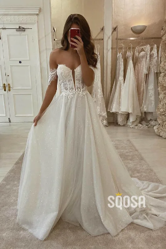 Exclusive Online Offer trendy mini dressA-line Unique Off-Shoulder Appliques Rustic Wedding Dress Bridal Gown QW2252