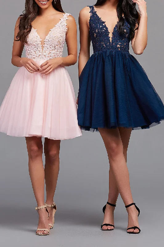 Early Bird Discount wrap dressA Line Illusion V Neck Appliques Cute Homecoming Dress Short Graduation Dress QH2413