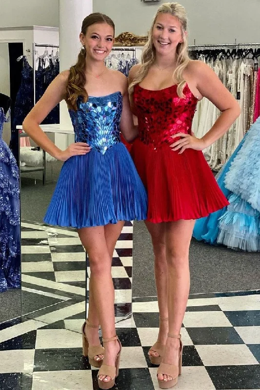 Act Fast stylish dressRed Cut Glass Mirror Strapless A-Line Gathered Homecoming Dress