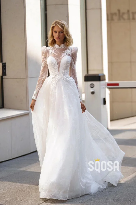 Stock Up and Save casual day dressA-Line High Neck Lace Long Sleeves Wedding Dress Bridal Gowns With Train QW8085 Stock Up and Save casual day dressA-Line High Neck Lace Long Sleeves Wedding Dress Bridal Gowns With Train QW8085