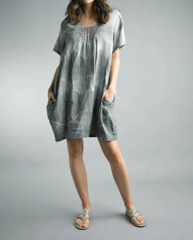 Clearance Items evening dressLinen Dip Dye Dress With Crochet Neckline in Grey