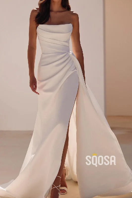 Crazy Savings backless dressSatin Bateau Sleeveless  Empire Pleats With Side Slit Wedding Dress QW8183