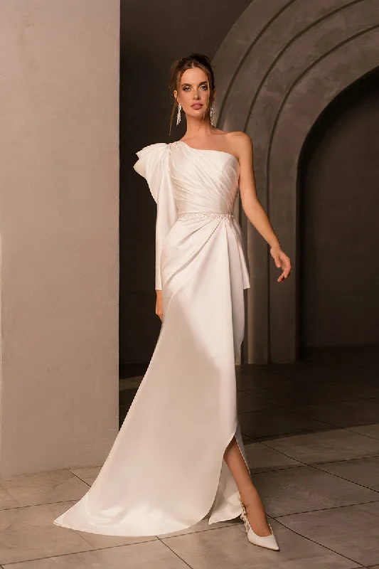 Fantastic Deals trendy dressUnique One Shoulder Long Sleeves Satin Mermaid Wedding Dress QW2688