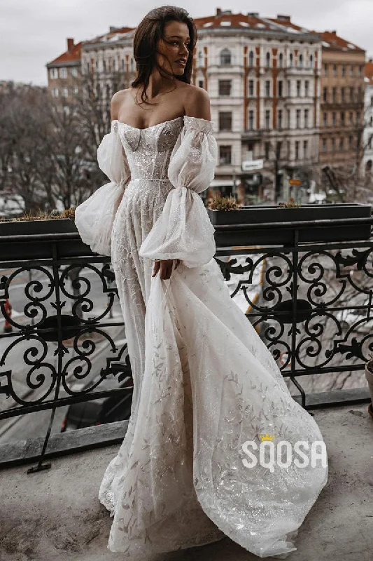 Bargain Prices casual dressUnique Off-the-Shoulder Lace Wedding Dress Ivory Long Sleeves Bohemian Bridal Gown QW2705