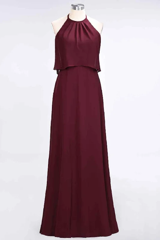 Hurry In v-neck dressBurgundy A-line Halter Chiffon Crepe Long Bridesmaid Dress