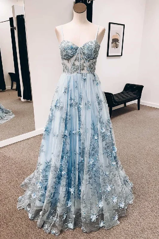 Super Bargain pleated maxi dressBlue 3D Floral Lace Sweetheart A-Line Long Prom Dress Y3099