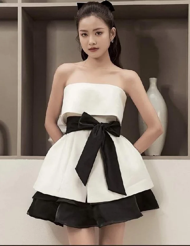 Can't Be Beat v-neck dressStrapless A-line Homecoming Dress with Waist Bow Y2695