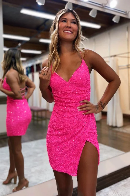 Best Bargains casual shift dressSheath/Column V Neck Fully Sequins Short Homecoming Dress Tight Graduation Dress QH2393