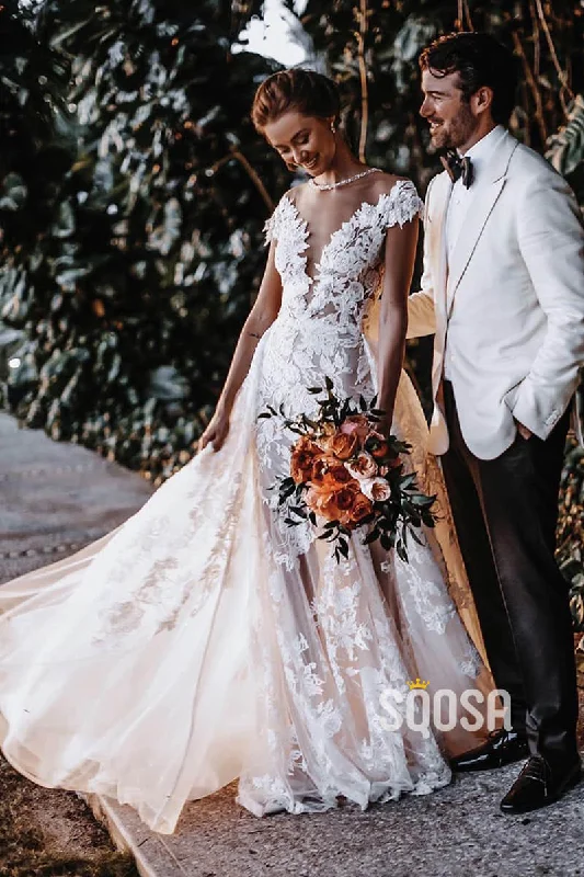 Deep Discounts chic wrap dressChic Illusion Neckline Appliques Mermaid Bohemian Wedding Dress QW2419