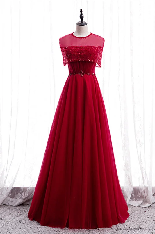 Stock Up and Save trendy dressRed Illusion Jewel Neck Rhinestone Beaded Crepe Maxi Formal Dress