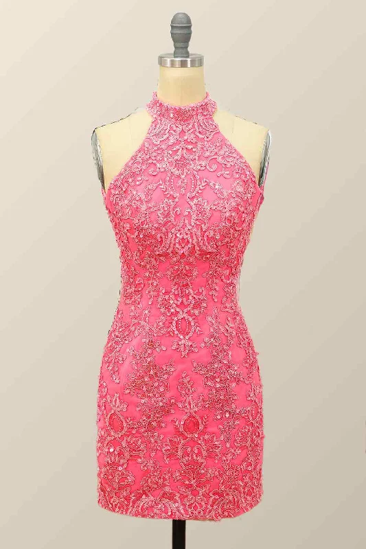 Price Drop flowy evening dressPink Sheath Halter Sequin-Embroidered Cut-Out Mini Homecoming Dress