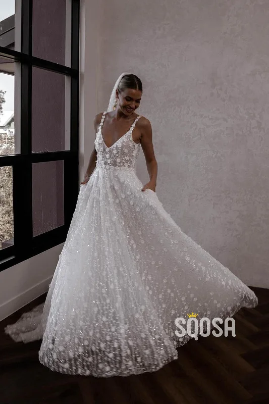 Unbeatable Prices long-sleeve floral dressQW8003 - A-Line V-Neck Applique Straps Sheer Wedding Dress White Sparkly Bridal Gowns
