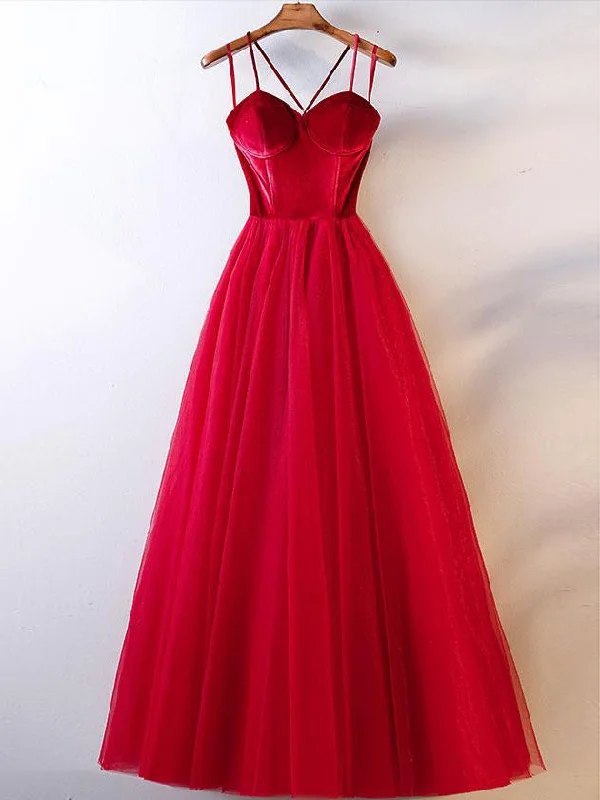 Sneak Peek Sale Red Prom Dresses Spaghetti Straps Floor-length Aline Long Velvet Simple Prom Dress JKL1636