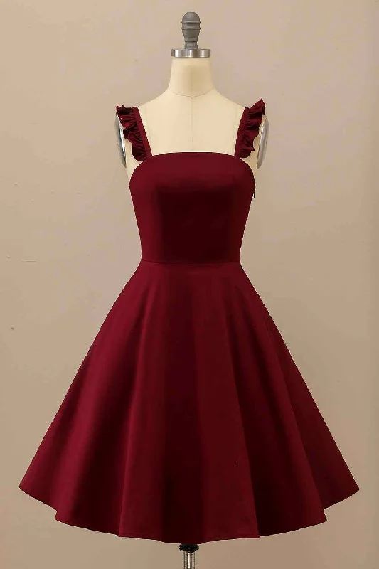Value Deals bohemian dressBurgundy A-line Ruffle Straps Satin Mini Homecoming Dress Value Deals bohemian dressBurgundy A-line Ruffle Straps Satin Mini Homecoming Dress