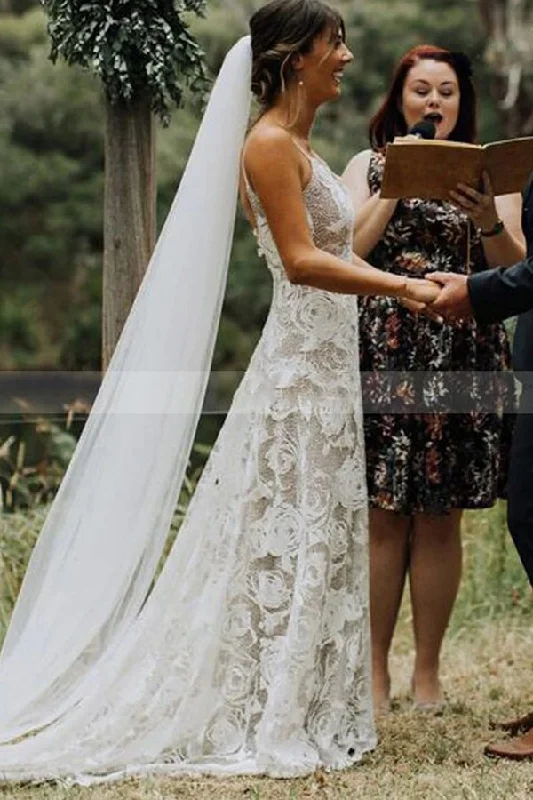 Exclusive Preview Spaghetti Straps White Floral Lace Simple Wedding Dress