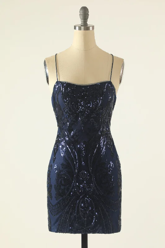 Super Deal fitted cocktail dressDark Navy Lace-Up Sheath Sequins-Embroidered Homecoming Dress