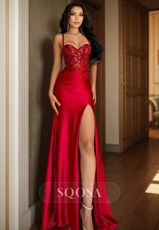 Exclusive Online Offer stylish dressSpaghetti Straps Sweetheart Lace Appliques Red Mermaid Prom Party Dress with Slit Exclusive Online Offer stylish dressSpaghetti Straps Sweetheart Lace Appliques Red Mermaid Prom Party Dress with Slit