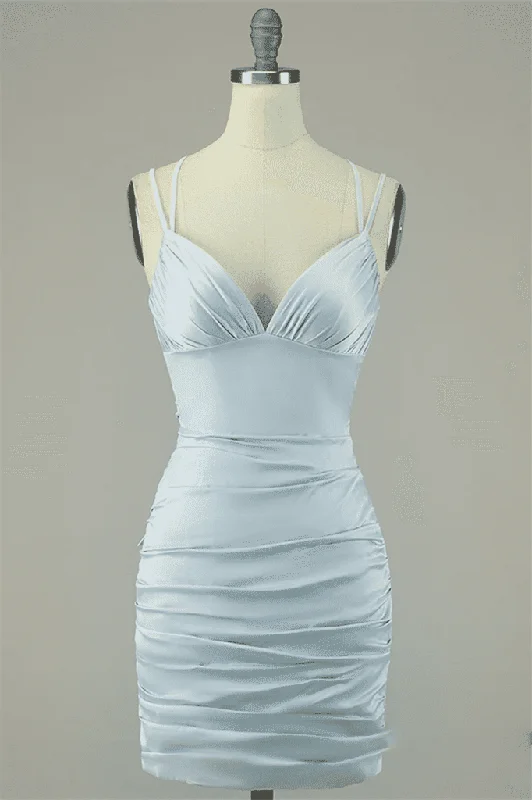 Blowout Deals casual evening dressGrey Sheath Double Straps Lace-Up Back Pleated Satin Mini Dress