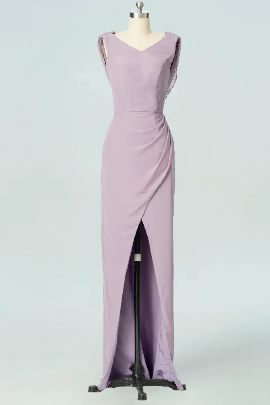 Weekend Deal formal dressLilac Mermaid V-neckline Cowl Back Pleated Slit Long Bridesmaid Dress
