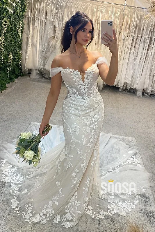 Final Sale bohemian dressChic Off The Shoulder Lace Appliques Mermaid Wedding Dress with Train QW2200