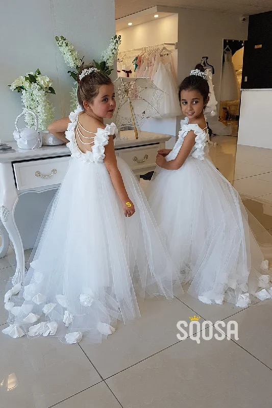 Factory Direct Sale pleated maxi dressA-line Scoop 3D Flower Ivory Flower Girl Dress First Communion Dress QF1029