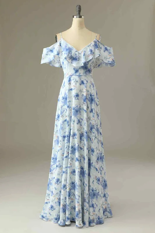 Grand Opening Sale wool dressBlue Floral Prints A-line V Neck Flaunt Sleeves Chiffon Long Bridesmaid Dress Grand Opening Sale wool dressBlue Floral Prints A-line V Neck Flaunt Sleeves Chiffon Long Bridesmaid Dress