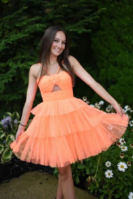 Mega Sale classic fit-and-flare dressOrange Spaghetti Straps A Line Tiered Ruffles Homecoming Dress